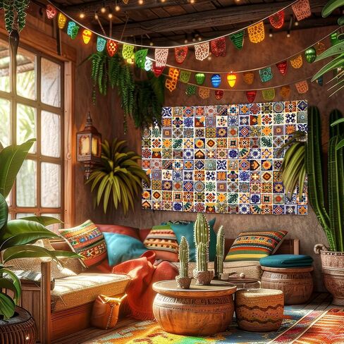 Talavera Mexican Tapestry Vintage Wall Hanging Classic Marble Byle Tile Tiles Tapestry Decor Decor Decort Artist Home Decoration لغرفة المعيشة غرفة نوم شقة مسكن ، 60 × 40 in Saudi Arabia