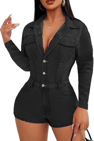 بذلة الدنيم العتيقة للسيدات جان رومبر الأكمام الطويلة لأسفل شورتات شحنات واحدة مطاطية مع جيوب in Kuwait