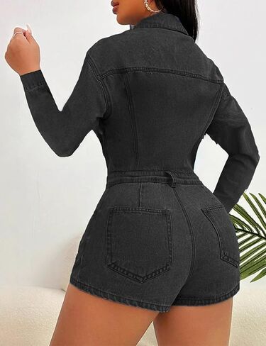 بذلة الدنيم العتيقة للسيدات جان رومبر الأكمام الطويلة لأسفل شورتات شحنات واحدة مطاطية مع جيوب in Kuwait