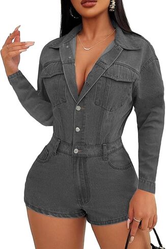 بذلة الدنيم العتيقة للسيدات جان رومبر الأكمام الطويلة لأسفل شورتات شحنات واحدة مطاطية مع جيوب in Kuwait