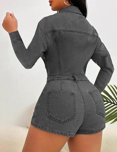 بذلة الدنيم العتيقة للسيدات جان رومبر الأكمام الطويلة لأسفل شورتات شحنات واحدة مطاطية مع جيوب in Kuwait