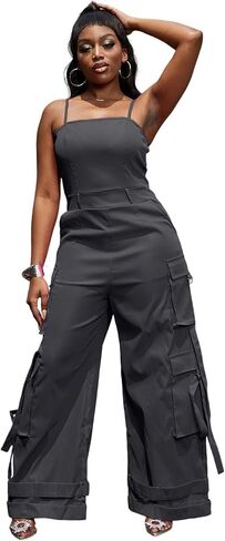 Tbahhir Women Casual Cargo Jumpsuits Sleeveless Strap High Waisted Jumpsuit Wide Leg Romper with Pockets Party Club in Saudi Arabia