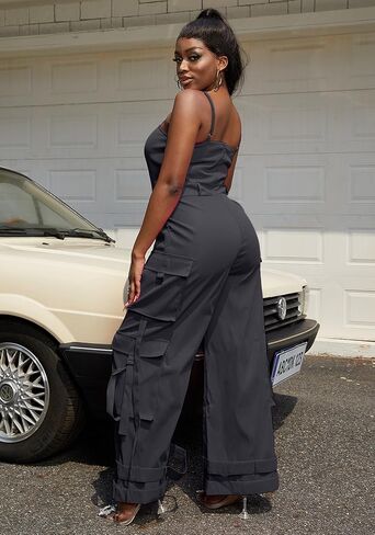 Tbahhir Women Casual Cargo Jumpsuits Sleeveless Strap High Waisted Jumpsuit Wide Leg Romper with Pockets Party Club in Saudi Arabia