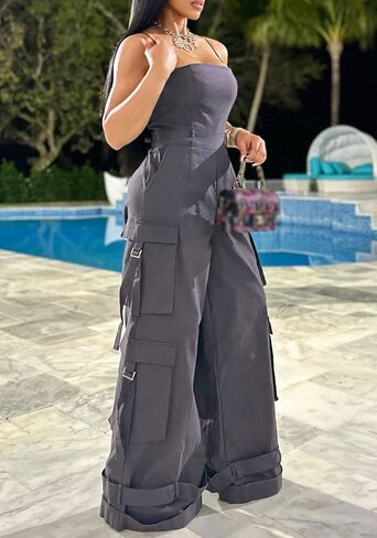 Tbahhir Women Casual Cargo Jumpsuits Sleeveless Strap High Waisted Jumpsuit Wide Leg Romper with Pockets Party Club in Saudi Arabia