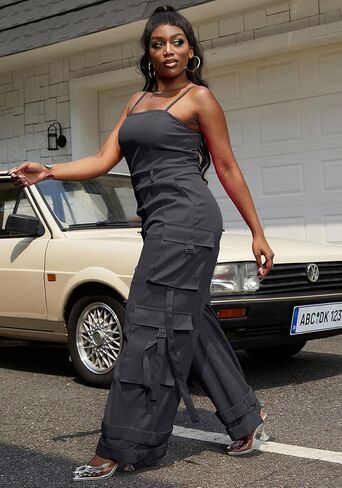 Tbahhir Women Casual Cargo Jumpsuits Sleeveless Strap High Waisted Jumpsuit Wide Leg Romper with Pockets Party Club in Saudi Arabia