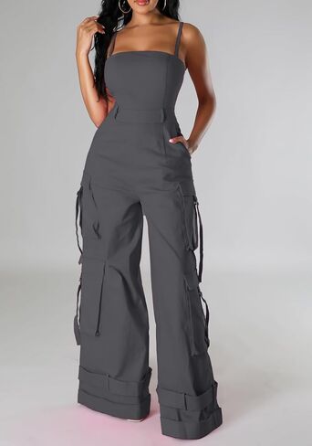 Tbahhir Women Casual Cargo Jumpsuits Sleeveless Strap High Waisted Jumpsuit Wide Leg Romper with Pockets Party Club in Saudi Arabia
