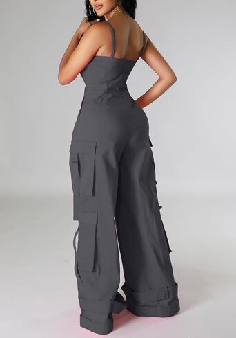 Tbahhir Women Casual Cargo Jumpsuits Sleeveless Strap High Waisted Jumpsuit Wide Leg Romper with Pockets Party Club in Saudi Arabia