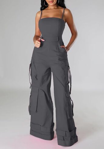 Tbahhir Women Casual Cargo Jumpsuits Sleeveless Strap High Waisted Jumpsuit Wide Leg Romper with Pockets Party Club in Saudi Arabia