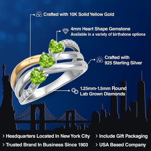 GEM Stone King 925 Silver and 10K Gold Gold Gold Green Peridot and Lab Grown Diamond Enging For Women | 0.99 CTTW | شكل القلب الأحجار الكريمة أغسطس المولد | متوفر في الحجم 5 إلى 9 in Saudi Arabia