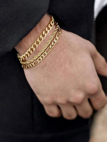 3 PCS أساور فضية للرجال 925 الجنيه الاسترليني الفضة/14 كيلو الذهب الحفل الكوبي سوار سوار الحبل فيجارو مجموعة هدايا مجوهرات رجالي لأبي زوج زوجها in Kuwait