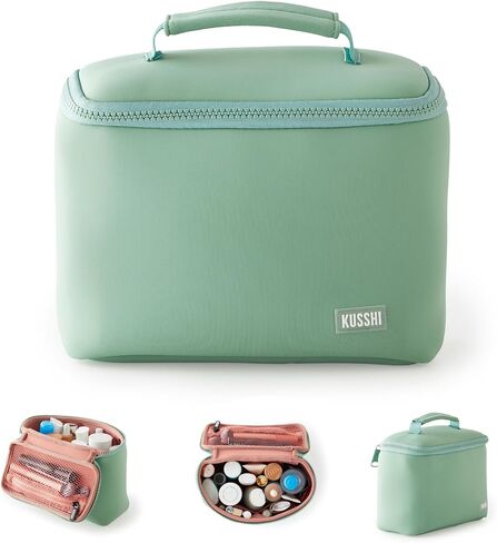 KUSSHI Neoprene Train Case Makeup Bag - Washable Makeup Travel Bag & Vanity Case for Stress Free Travel (Small, Sage/Coral Rose) in Saudi Arabia