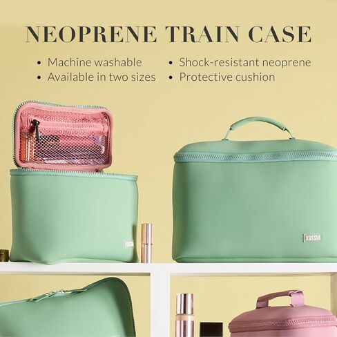 KUSSHI Neoprene Train Case Makeup Bag - Washable Makeup Travel Bag & Vanity Case for Stress Free Travel (Small, Sage/Coral Rose) in Saudi Arabia