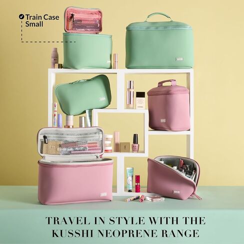 KUSSHI Neoprene Train Case Makeup Bag - Washable Makeup Travel Bag & Vanity Case for Stress Free Travel (Small, Sage/Coral Rose) in Saudi Arabia