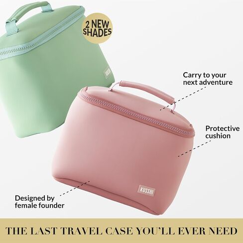 KUSSHI Neoprene Train Case Makeup Bag - Washable Makeup Travel Bag & Vanity Case for Stress Free Travel (Small, Sage/Coral Rose) in Saudi Arabia