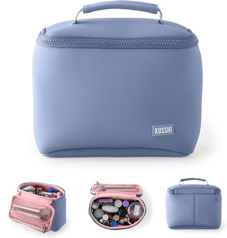 KUSSHI Neoprene Train Case Makeup Bag - Washable Makeup Travel Bag & Vanity Case for Stress Free Travel (Small, Sage/Coral Rose) in Saudi Arabia