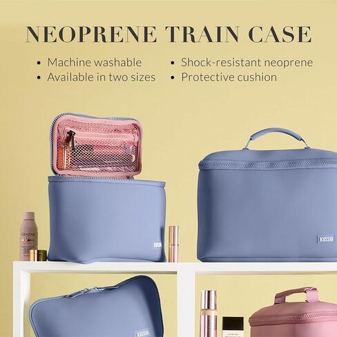 KUSSHI Neoprene Train Case Makeup Bag - Washable Makeup Travel Bag & Vanity Case for Stress Free Travel (Small, Sage/Coral Rose) in Saudi Arabia