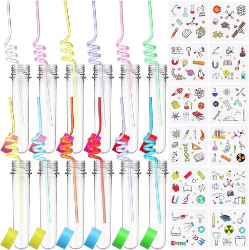 36 Pcs Science Party Theme Cups Set with Silly Loop Straws Science Stickers Plastic Reusable Conical Flask Round Bottom Flask Shape Bottles for Birthday Party Decorations in Kuwait