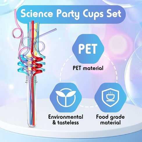 36 Pcs Science Party Theme Cups Set with Silly Loop Straws Science Stickers Plastic Reusable Conical Flask Round Bottom Flask Shape Bottles for Birthday Party Decorations in Kuwait