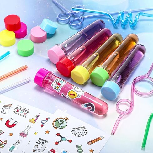 36 Pcs Science Party Theme Cups Set with Silly Loop Straws Science Stickers Plastic Reusable Conical Flask Round Bottom Flask Shape Bottles for Birthday Party Decorations in Kuwait