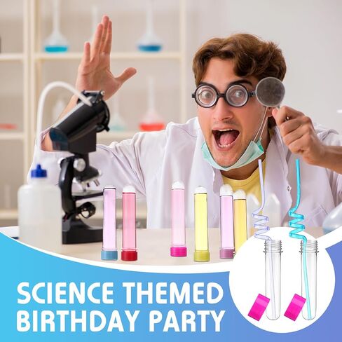36 Pcs Science Party Theme Cups Set with Silly Loop Straws Science Stickers Plastic Reusable Conical Flask Round Bottom Flask Shape Bottles for Birthday Party Decorations in Kuwait