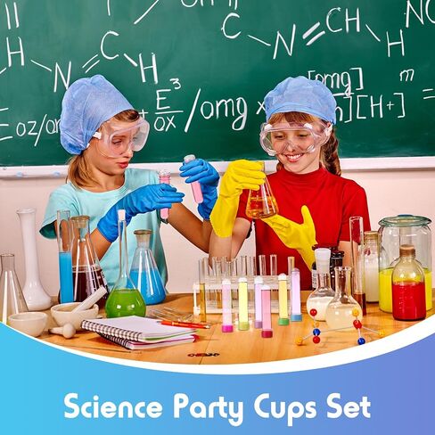 36 Pcs Science Party Theme Cups Set with Silly Loop Straws Science Stickers Plastic Reusable Conical Flask Round Bottom Flask Shape Bottles for Birthday Party Decorations in Kuwait