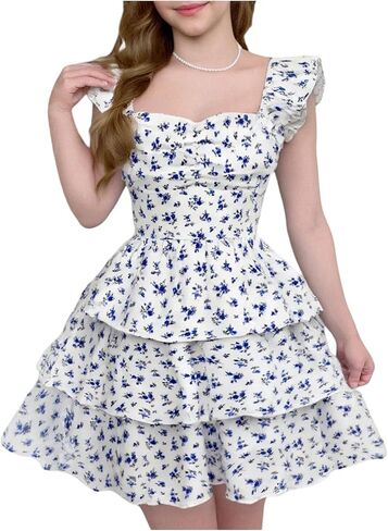 Verdusa Girl's Boho Floral Tiered Tiered Dresses Frustes Cap Cap Cap Sleeve Summer Flady Dression in Kuwait