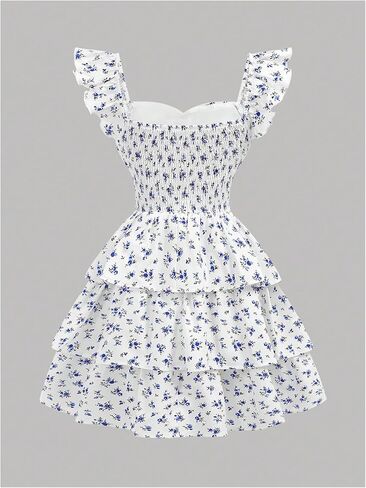 Verdusa Girl's Boho Floral Tiered Tiered Dresses Frustes Cap Cap Cap Sleeve Summer Flady Dression in Kuwait
