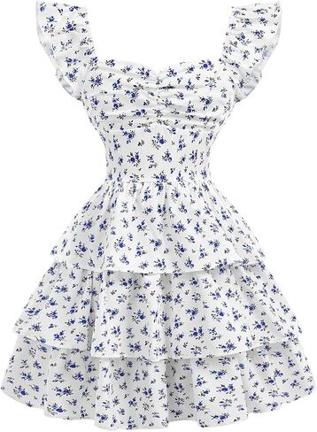 Verdusa Girl's Boho Floral Tiered Tiered Dresses Frustes Cap Cap Cap Sleeve Summer Flady Dression in Kuwait
