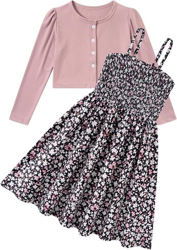 RAISEVERN Girls Casual Adjustable Strap Sleveless Dress Cardigan Set Size 5-12Y in Kuwait