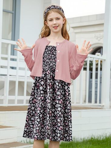 RAISEVERN Girls Casual Adjustable Strap Sleveless Dress Cardigan Set Size 5-12Y in Kuwait