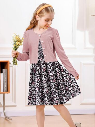 RAISEVERN Girls Casual Adjustable Strap Sleveless Dress Cardigan Set Size 5-12Y in Kuwait