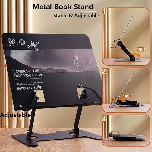 Book Stand for Reading, Book Holders for Reading Hands Free, Adjustable Foldable Cookbook Stand with Elastic Page Clips for Music Scores, Recipe, Tablet in Saudi Arabia