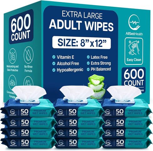 Body Wipes for Adults - XL Wet Wipes 8" x 12" (600 count) | Rinse Free Bathing Wipes - Wash Cloths for incontinence, Disposable Washcloths with Aloe Vera and Vitamin E - Camping, Elderly, Bathing in Kuwait