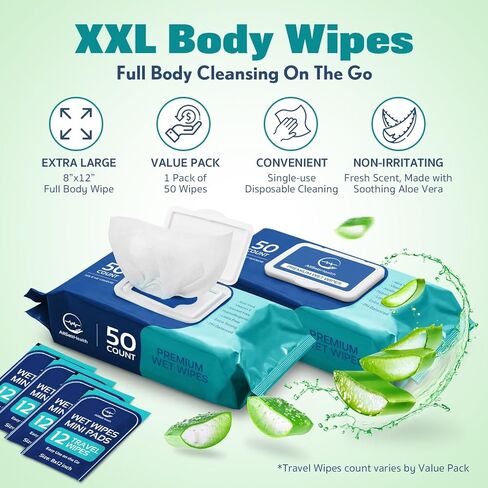 Body Wipes for Adults - XL Wet Wipes 8" x 12" (600 count) | Rinse Free Bathing Wipes - Wash Cloths for incontinence, Disposable Washcloths with Aloe Vera and Vitamin E - Camping, Elderly, Bathing in Kuwait