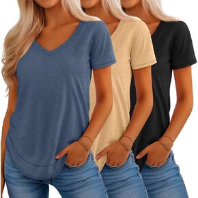 Riyiper 3 Pack Women's V Neck T Shirts Flowy Loose Fit Top Casual Summer Curved Hem Tee in Saudi Arabia