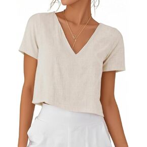 IDEALSANXUN Womens Short Sleeve Linen Shirts Casual Spring Summer V Neck Cute Crop Beach Blouse Tops in Kuwait