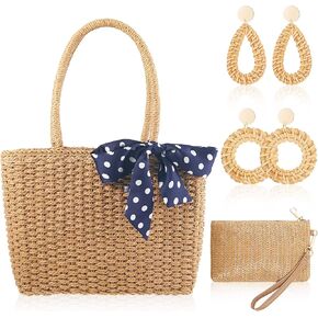Abbylike Woven Straw Bag for Women with Straw Clutch Purse 2 Pair Rattan Earring Boho Zipper Handbag with Polka Dot Bowknot for Summer Travel Vacation in Saudi Arabia