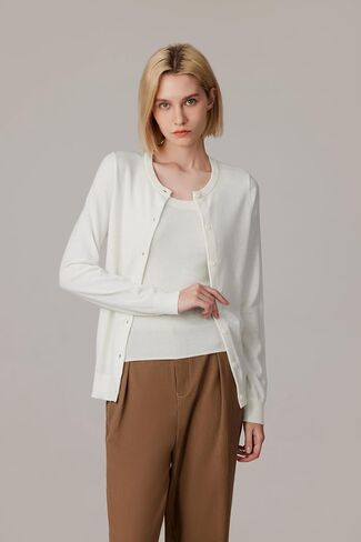 JENNIE LIU Women's 100% Merino Wool Crewneck Cardigan Sweater in Saudi Arabia