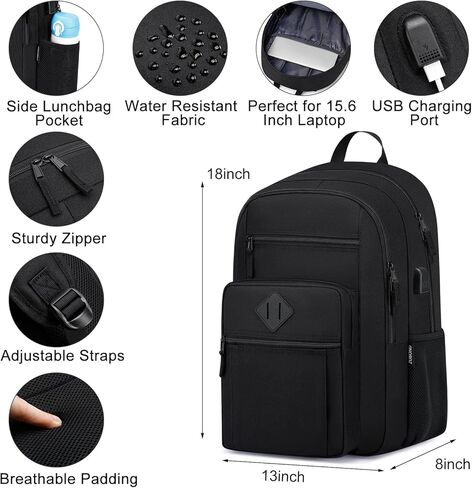 Unisex Black Backpack for School, Lightweight Boys Girls Backpack with USB Port Fits 15.6 Inch Notebook, Water Bottle Pocket - Ideal for Teens, College Students, Adults in Kuwait