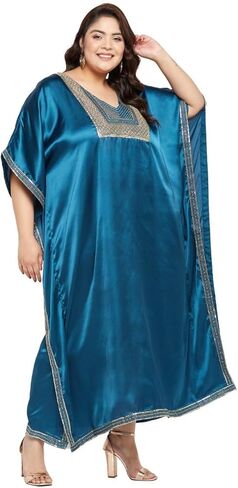 نساء بالإضافة إلى حجم كافتان فستان أنيقة تسلسل الساتان Maxi المساء تغطية فوق الفساتين كيمونو غلاف غير رسمي in Kuwait