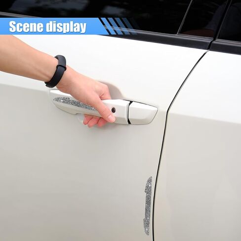 4PCS Bling Car Door Handle Scratch Protective Stickers, Rhinestone Anti-Collision Car Exterior Decoration Strip, Auto Side Rearview Mirror Edge Safety Guard, Universal Vehicle Accessory (White) in Kuwait