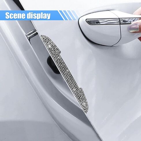 4PCS Bling Car Door Handle Scratch Protective Stickers, Rhinestone Anti-Collision Car Exterior Decoration Strip, Auto Side Rearview Mirror Edge Safety Guard, Universal Vehicle Accessory (White) in Kuwait