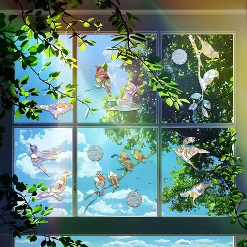Window Decals to Prevent Bird Strikes - Anti-Collision Decals to Save Birds from Window Collisions,Rainbow Sun Catcher Stickers Non Adhesive Prismatic Vinyl Clings (Hummingbirds and Circle) in Kuwait