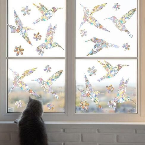 Window Decals to Prevent Bird Strikes - Anti-Collision Decals to Save Birds from Window Collisions,Rainbow Sun Catcher Stickers Non Adhesive Prismatic Vinyl Clings (Hummingbirds and Circle) in Kuwait