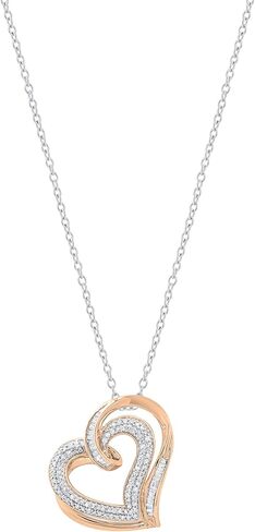 مجموعة RomazzlingRock 0.50 CTTW Round & Baguette White Diamond Womens Double Heart Pendant ، متوفرة في 10K/14K/18K الذهب الصلب و 925 الفضة الاسترليني in Saudi Arabia