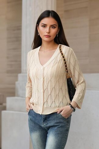 Women's 2025 Crochet Sweater Cardigan 3/4 Sleeve Lightweight Summer Knit Sweater | Open Front Boho Shrug Top in Saudi Arabia