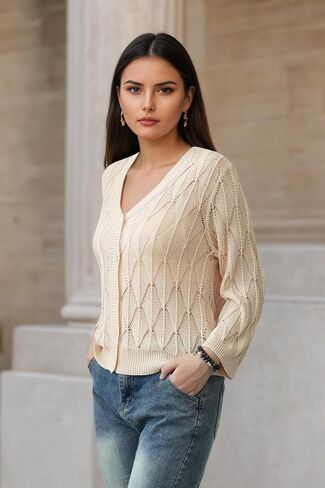 Women's 2025 Crochet Sweater Cardigan 3/4 Sleeve Lightweight Summer Knit Sweater | Open Front Boho Shrug Top in Saudi Arabia