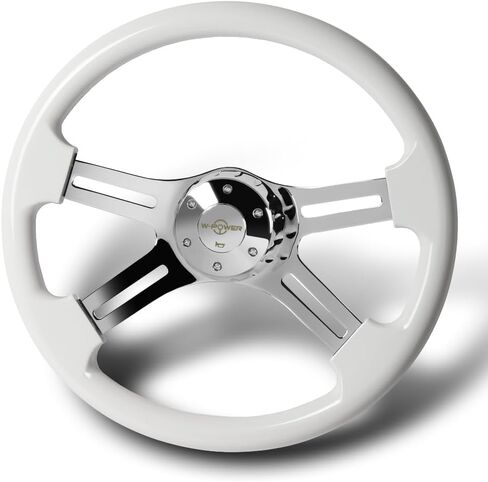 18 "Universal 457mm 5 Bolt ، 2 بوصة عمق ، عجلة قبض على الطراز القديم ، كروم 4-سبوك مع محول المحور متوافق مع T04 Kenworth ، Peterbilt جميع الطرز (قبضة الخشب الأبيض) in Kuwait