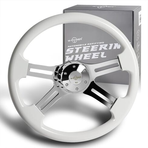 18 "Universal 457mm 5 Bolt ، 2 بوصة عمق ، عجلة قبض على الطراز القديم ، كروم 4-سبوك مع محول المحور متوافق مع T04 Kenworth ، Peterbilt جميع الطرز (قبضة الخشب الأبيض) in Kuwait