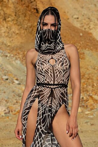 مجموعة أزياء Women Desert Warrior - bodysuit للطباعة الإلكترونية مع تنورة مقسمة ووجه للوجه للمهرجان والهذيان in Saudi Arabia